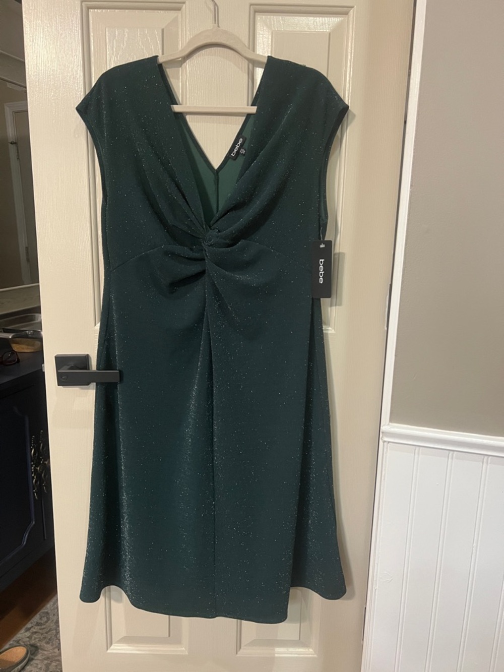 bebe Dark Green Sparkle Twist-Front Midi Dress